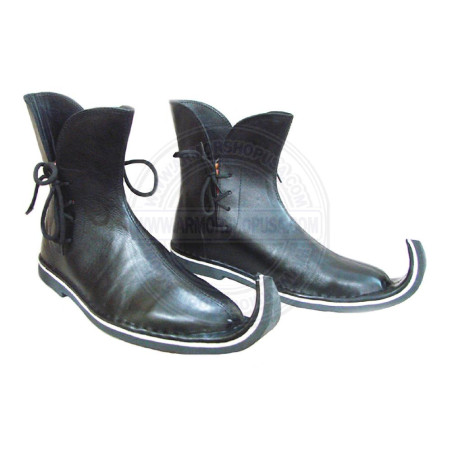Historical Black Leather Curly Toe Boots - Mastercrafted Jester & Wizard Style Poulaine Shoes, Custom Size Cosplay Ankle Boots