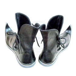Historical Black Leather Curly Toe Boots - Mastercrafted Jester & Wizard Style Poulaine Shoes, Custom Size Cosplay Ankle Boots