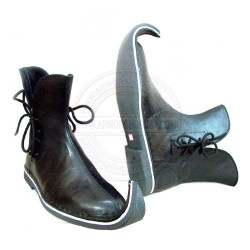 Historical Black Leather Curly Toe Boots - Mastercrafted Jester & Wizard Style Poulaine Shoes, Custom Size Cosplay Ankle Boots