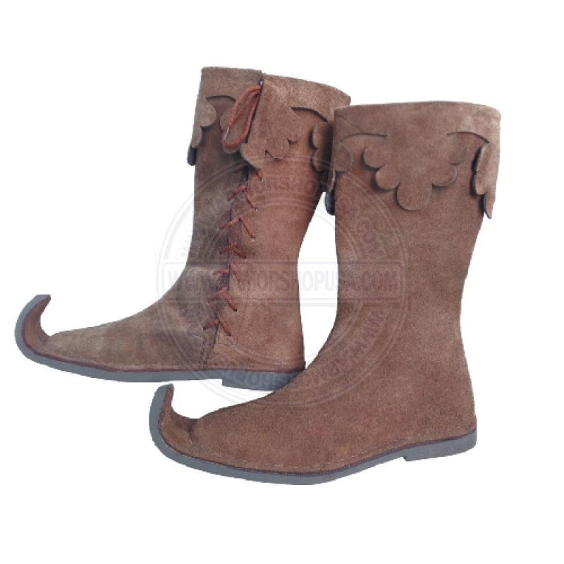 Historical Brown Suede Poulaine Boots - Mastercrafted Wizard & Elf Style Long Shoes, Tall Lace-Up Cosplay Costume Boots