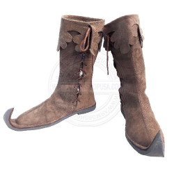 Historical Brown Suede Poulaine Boots - Mastercrafted Wizard & Elf Style Long Shoes, Tall Lace-Up Cosplay Costume Boots