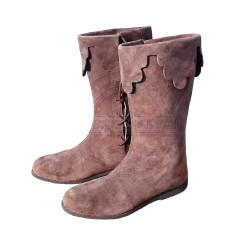 Historical Brown Suede Poulaine Boots - Mastercrafted Wizard & Elf Style Long Shoes, Tall Side Lace-Up Cosplay Costume Boots