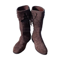 Historical Brown Suede Poulaine Boots - Mastercrafted Wizard & Elf Style Long Shoes, Tall Side Lace-Up Cosplay Costume Boots