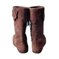 Historical Brown Suede Poulaine Boots - Mastercrafted Wizard & Elf Style Long Shoes, Tall Side Lace-Up Cosplay Costume Boots