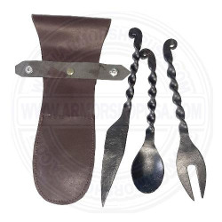 Hand-Forged Medieval Cutlery Set | Outdoor Utensils with Leather Case