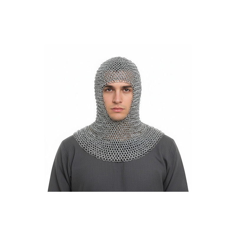 Butted Aluminum Chainmail Coif | Knight Chain Mail Armor U-Neck Hood
